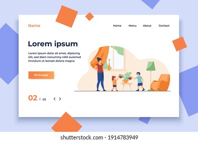 Mom teaching kids to take care about home plants. Children watering houseplants at home flat vector illustration. Parenthood, motherhood, family concept for banner, website design or landing web page