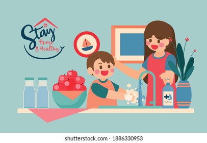 Mom Teaching Son to Wash His Hands Before Eat Fruit and Touch Anything In Pandemic Situation, Vector, Illustration, Covid-19, Corona Virus