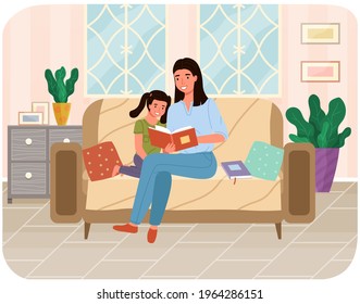 Mom telling fairy tales while putting her daughter to sleep at bed time. Mother reads book to her child at night. Family spends time together before bed. Parent and child are reading literature