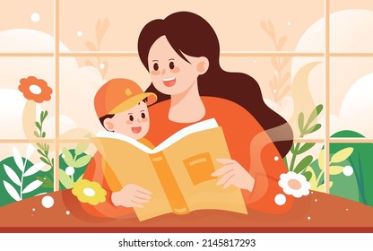 Mom is telling a story to her child, mother hugs her son, vector illustration