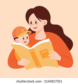 Mom Is Telling A Story To Her Child, Mother Hugs Her Son, Vector Illustration