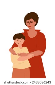 Mom tenderly hugs her son and smiles. Motherhood, affection, single mother. Vector cartoon illustration