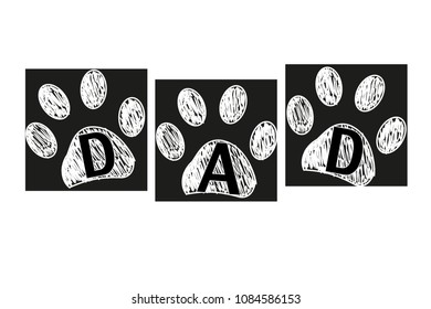 MOM text with paw prints. Happy Mother's Day black white greeting card