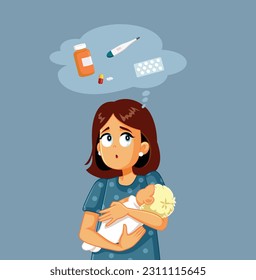 
Mom Thinking about a Cure for Her Little Infant with Cold Vector Cartoon. Baby feeling sick making mother very concerned about treatment 
