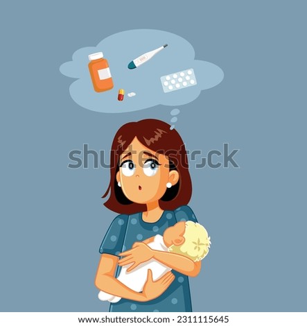 
Mom Thinking about a Cure for Her Little Infant with Cold Vector Cartoon. Baby feeling sick making mother very concerned about treatment 
