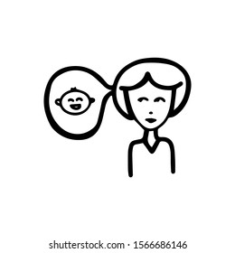 Mom thinks about the baby. Doodle outline illustration isolated on white background. Baby monitor concept. Icon black line. Design print t shirt, education icon. Young woman with a short haircut.
