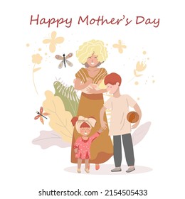 Mom with three children, a baby in her arms, a little daughter and a teenager son, maternal love, vector illustration for a happy mother's day.