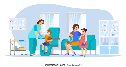 Mom with three children makes vaccinations, vector flat cartoon illustration. Female pediatrician doctor gives child vaccine injection. Healthcare, infection prevention, family immunization concept.
