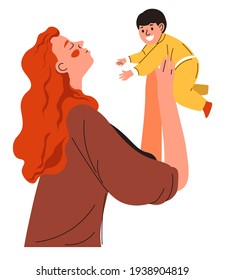 Mom throwing and catching son playing with toddler. Isolated laughing woman with kid on hands. Motherhood and childhood, smiling child and mum. Family activities and fun. Vector in flat style