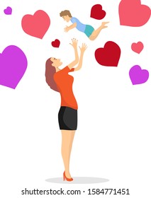 Mom throws the baby up. Young, happy mother throws her baby up on a white background with colorful hearts. Vector illustration. Vector.