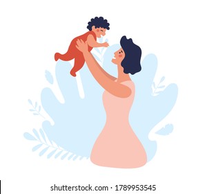 Mom throws the child up. Happy family on a blue background. Mother with a baby in her arms. Flat vector illustration. Cartoon design