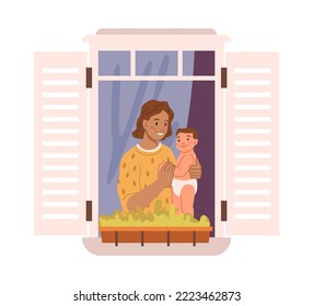 Mom and toddler child looking out of window, kid standing on sill with flower pots. Mother and son staying at home. Cartoon character, vector in flat style