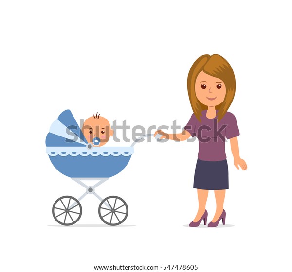 Mom and toddler in the pram\
isolated on the white background. Baby sitting in carriage. Mother\
walking with a baby carriage. Vector illustration in flat\
style.