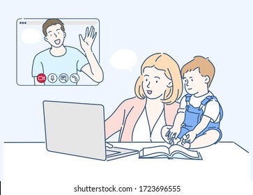 Mom and Toddler video calling with Dad. Hand drawn in thin line style, vector illustration.