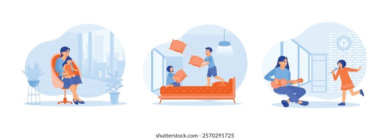 Mom took time off work. Children playing with pillows on bed. Mother and daughter playing music together. Family lifestyle activity concept. Set flat vector illustration.