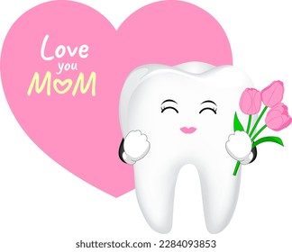 Mom tooth character with flowers. Happy mother's day. Dental care concept. Illustration.