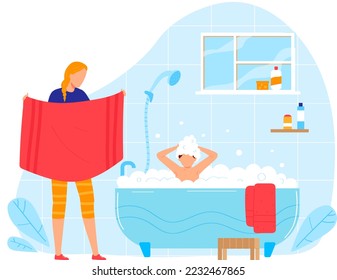 Mom with towel wait for cute bathing clean kid, cartoon boy kid have bath, vector illustration. Shower in bathroom, child care by water.