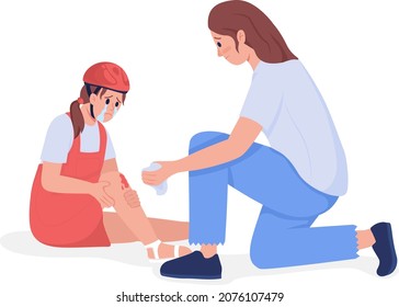 Mom treats kid injury semi flat color vector character. Sitting figure. Full body people on white. First aid isolated modern cartoon style illustration for graphic design and animation