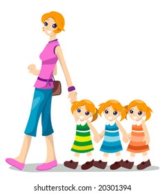 Mom With Triplets - Vector