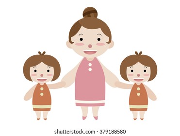 mom and twin girls cartoon vector