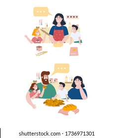 Mom and two children girl and boy are making homemade bread. And then family eats fresh homemade cinnamon rolls, croissants an at the kitchen. Bonding and quality family time. Speech bubble