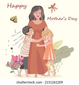 Mom with two children,  happy mother's day vector illustration.