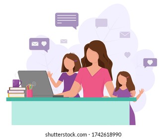 Mom and two daughters chatting remotely in front of a computer. Remote communication with relatives and friends via the Internet