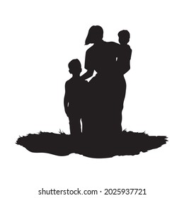 Mom with two sons, silhouette of a woman with children, vector drawing. Family, mother and children.Illustration.