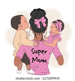 Mom with two young children son and daughter in her arms, lettering, cute illustration, childcare, vector illustration