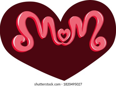 Mamá. Grabado vectorial único con letras tridimensionales con resaltados y un corazón estilizado sobre un fondo oscuro
