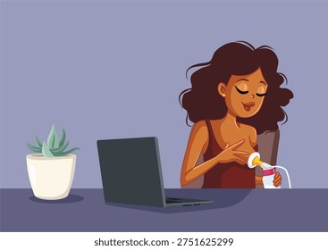 Mom Using Brest Pump at the Office Vector Illustration. New mother working and breastfeeding at the same time using electric pump
