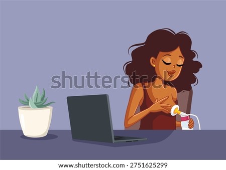 Mom Using Brest Pump at the Office Vector Illustration. New mother working and breastfeeding at the same time using electric pump
