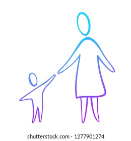 Mom walk with baby icon. Mother holds hold the child's hand simple line draw. Relationship of parents and children vector silhouette illustration. Human figures. The concept of love, care and support