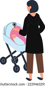 Mom is walking baby outdoors, newborn baby, Isolated on white, happiness motherhood, design, flat style vector illustration.