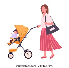 Mom walking with baby. Young mother walk with baby toddler in baby stroller, family outdoor recreation flat vector illustration. Cartoon parenting scene