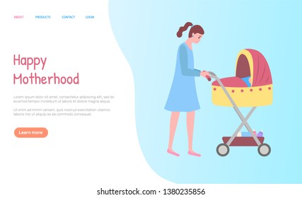 Mom walking with buggy, side view of woman in dress going with pram, parent and baby in carriage together outdoor, happy motherhood web vector. Website or webpage template, landing page flat style