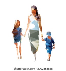 Mom walking with the kids and holding hands. Mother with daughter and son. Isolated vector silhouette, low polygonal drawing from triangles, front view