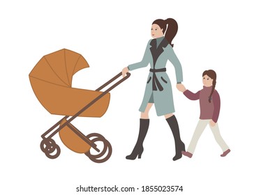 Mom walking with a stroller or pram and child. Mother with baby carriage. Vector illustration.