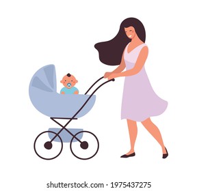 Mom walks with the baby in a stroller. The concept of motherhood, child care, active recreation of a woman with a newborn. Flat cartoon vector illustration isolated on white background.