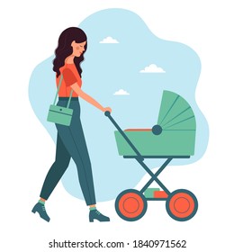 Mom walks with the baby in a stroller. Vector illustration in flat style