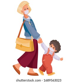mom walks with her baby and they are wearing protective masks from the virus, isolated object on a white background, vector illustration, eps