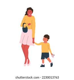 Mamá camina con su hijo y sostiene su mano. Feliz familia. Ilustración vectorial en estilo plano