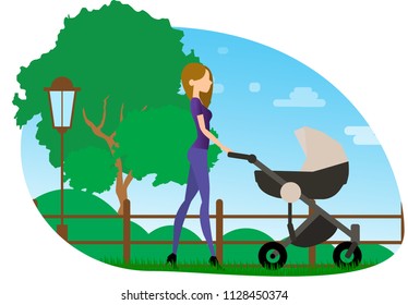 Mom walks with a stroller