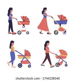 Mom walks with a stroller.
Baby sleeps in a stroller.
Vector illustration in a flat style.
