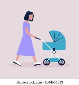 Mom walks with a stroller.
Baby sleeps in a stroller.
Vector illustration in a flat style.