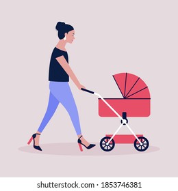 Mom walks with a stroller.
Baby sleeps in a stroller.
Vector illustration in a flat style.