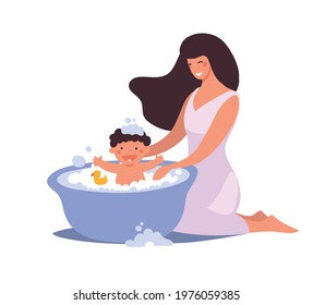 Mom washes the baby in the bathroom. The kid bathes and washes with foam, bubbles and duck. Flat cartoon vector illustration isolated on white background.