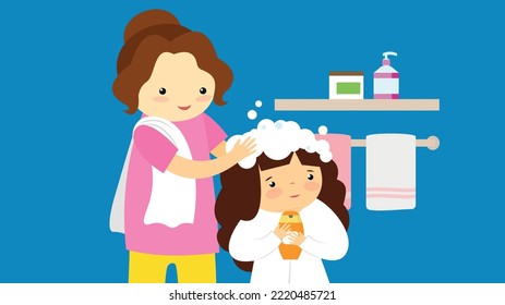 Mom washing her baby girl's hair in the bathroom
