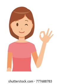 Mom wearing short sleeve clothes is playing an okay sign