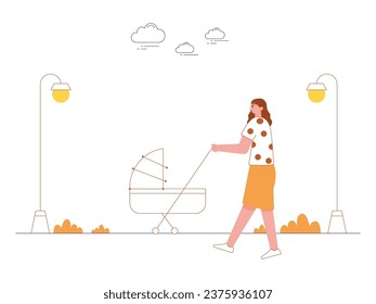 Mom wearing a skirt pushing a newborn stroller in the park alone, walking with baby while looking at autumn. Character design. Vector data illustration